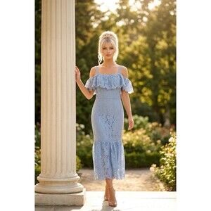 Just Me Dress Womens Size M Blue Floral Lace Off Shoulder Ruffle Midi